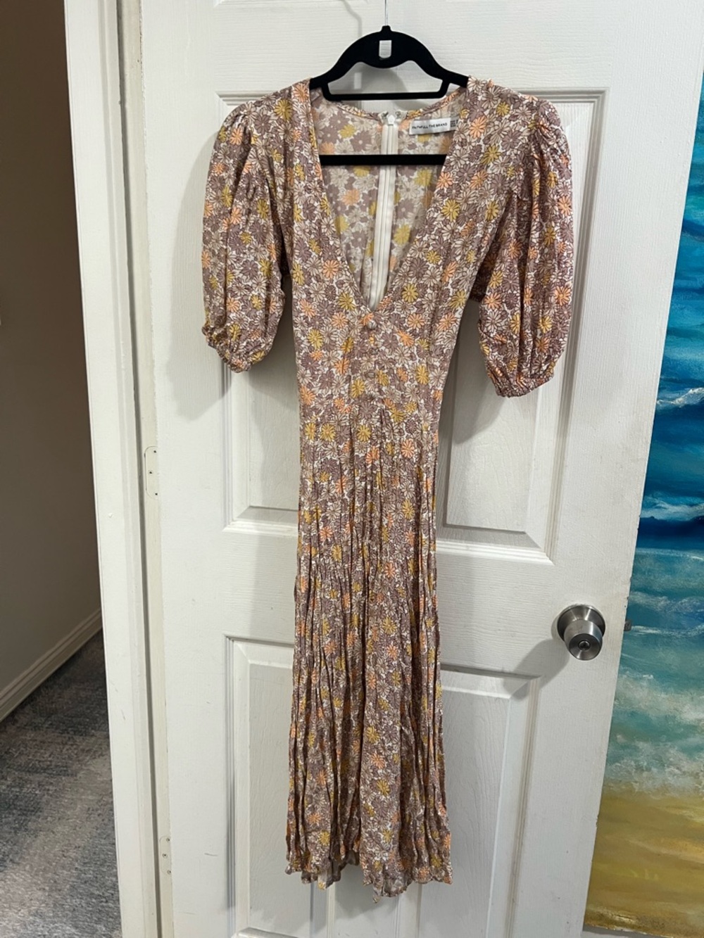 Floral Puff-Sleeve V-Neck Maxi Dress in Mauve and Yellow